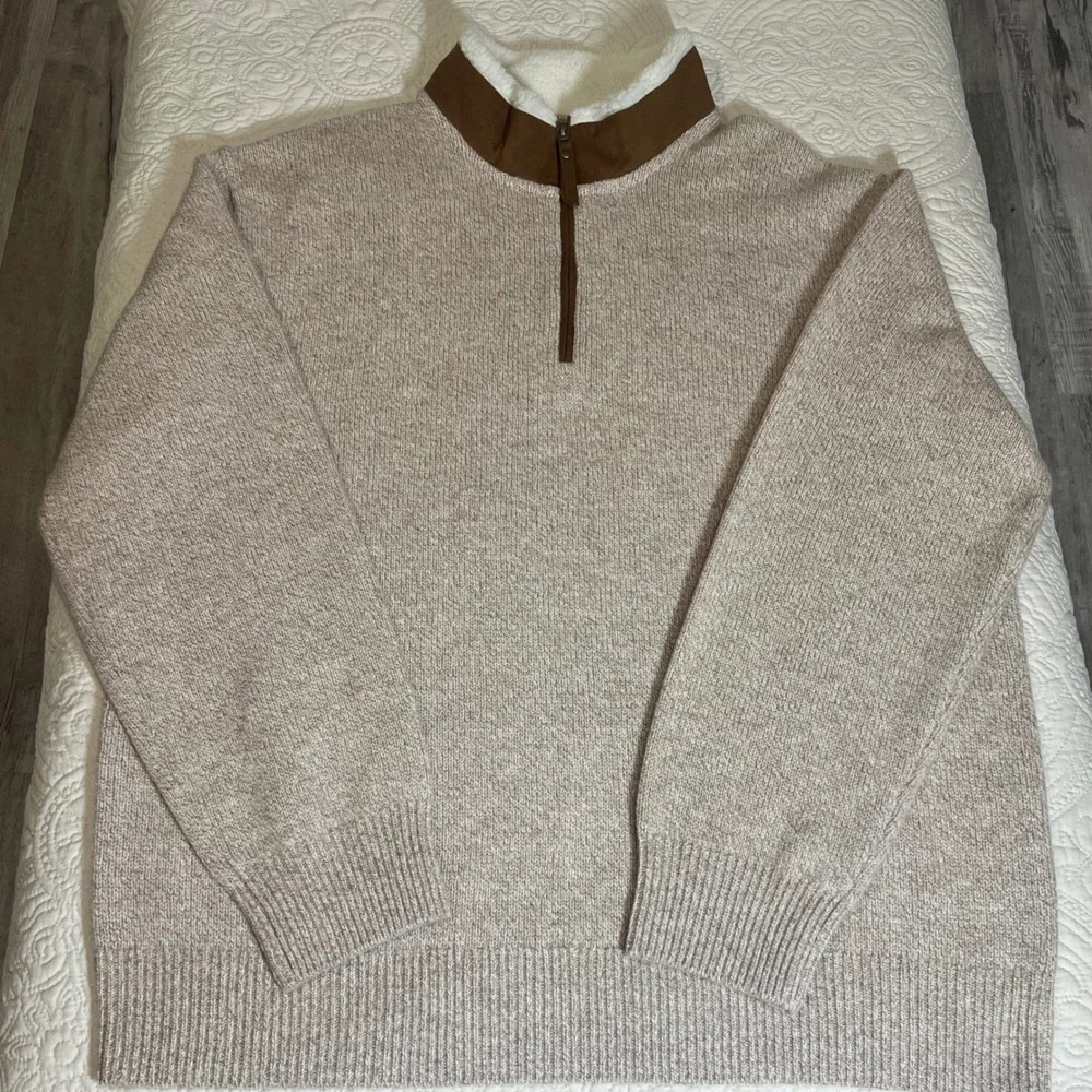 ORVIS Stowe Lambswool Quarter Zip Pullover Sweater Sherpa Collar Beige‎ Mens XXL